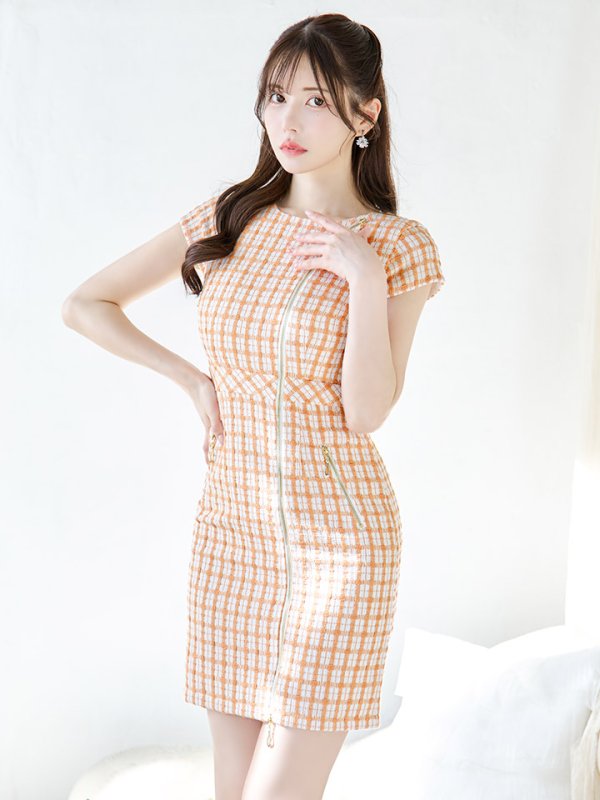 画像4: チェックツイードドレス/ジップアップ/半袖/ミニドレス/キャバドレス【XS-Mサイズ/1カラー】[OF03] 【YN】dzw (4)