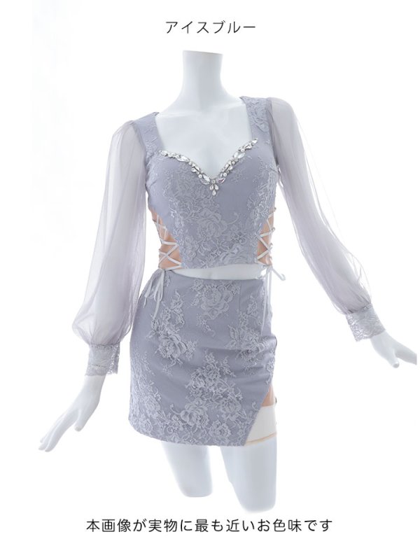 画像32: 【送料無料！】セットアップミニドレス/2ピース/チュール袖/キャバドレス/ワンカラー/谷間見せ/サイドシアー/レースアップ【XS-Lサイズ/4カラー】[OF03] 【YN】dzj (32)