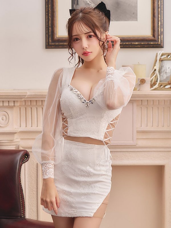 画像28: 【送料無料！】セットアップミニドレス/2ピース/チュール袖/キャバドレス/ワンカラー/谷間見せ/サイドシアー/レースアップ【XS-Lサイズ/4カラー】[OF03] 【YN】dzj (28)