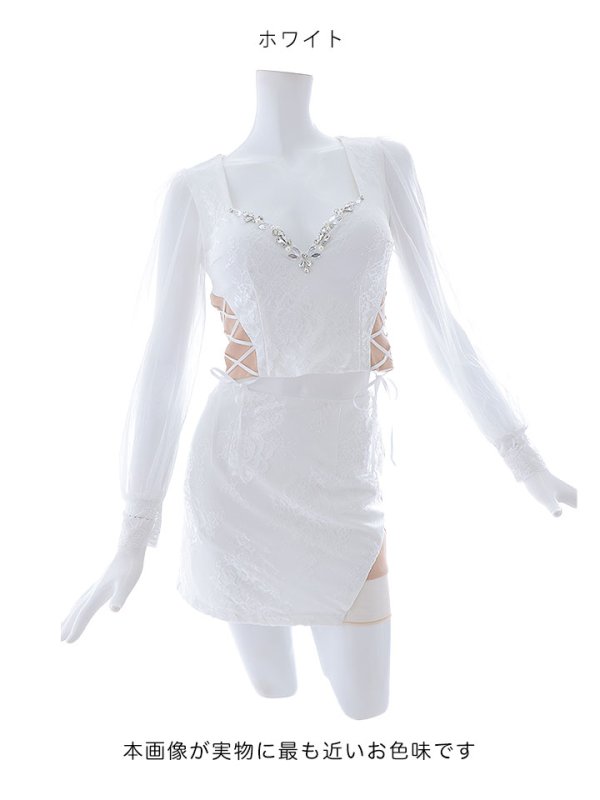 画像35: 【送料無料！】セットアップミニドレス/2ピース/チュール袖/キャバドレス/ワンカラー/谷間見せ/サイドシアー/レースアップ【XS-Lサイズ/4カラー】[OF03] 【YN】dzj (35)