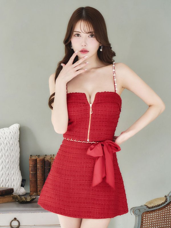 画像7: 【送料無料!】新色登場!ツイードセットアップキャミドレス/2ピース/リボン/パール/ジップ/チェーン/キャバドレス/ミニドレス【XS-Lサイズ/5カラー】[OF03] 【YN】dzw【一部予約商品/12月上旬発送予定】 (7)