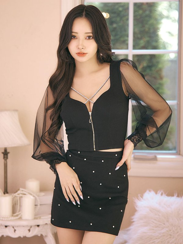 画像5: 【送料無料！】フロントジップセットアップミニドレス/2ピース/チュール袖/谷間見せ/ミニドレス/キャバドレス【XS-Lサイズ/3カラー】[OF03-X] 【YN】dzw【一部予約商品/11月中旬発送予定】 (5)