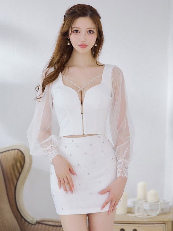 画像5: 【送料無料！】フロントジップセットアップミニドレス/2ピース/チュール袖/谷間見せ/ミニドレス/キャバドレス【XS-Lサイズ/3カラー】[OF03-X] 【YN】dzw【一部予約商品/11月中旬発送予定】 (5)