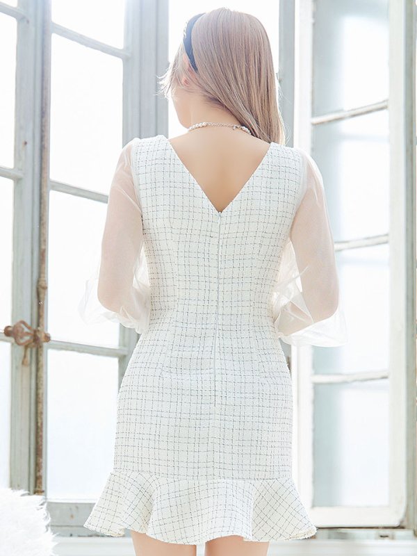 画像6: ツイードチェックドレス/パール/ボタン/マーメイドスカート/チュールスリーブ/刺繍レース/谷間見せ/背中隠し/ミニドレス/キャバドレス【XS-Lサイズ/1カラー】[OF03] 【YN】dzc (6)