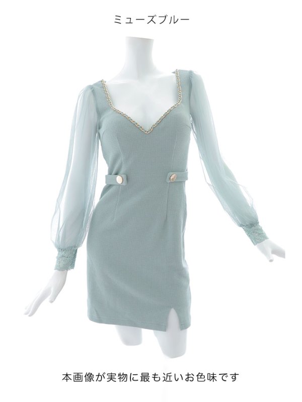 画像20: チュール袖タイトミニドレス/谷間見せ/背中隠し/長袖/ボタン/スリット/チュール/タイト/ミニドレス/キャバドレス【XS-Mサイズ/2カラー】[OF03-U] 【YN】dzw (20)