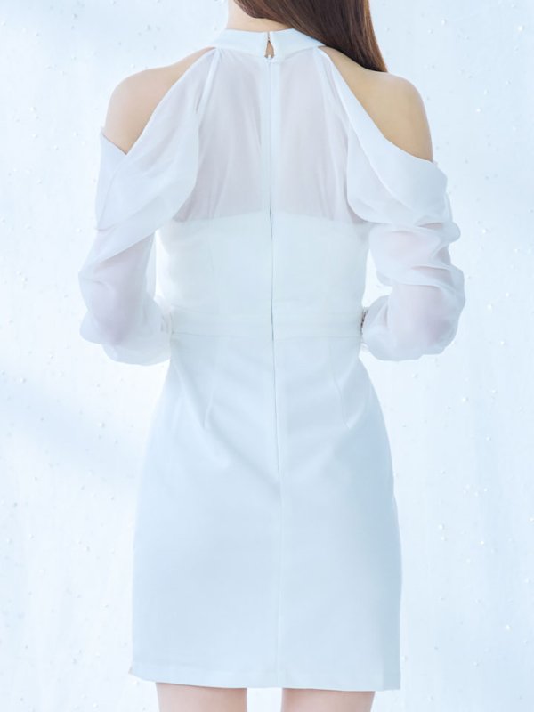 画像7: シフォン袖タイトミニドレス/谷間見せ/背中見せ/長袖/ボタン/スリット/アメスリ/オフショルダー/タイト/ミニドレス/キャバドレス【S-Mサイズ/2カラー】[OF03-U] 【YN】dzw (7)