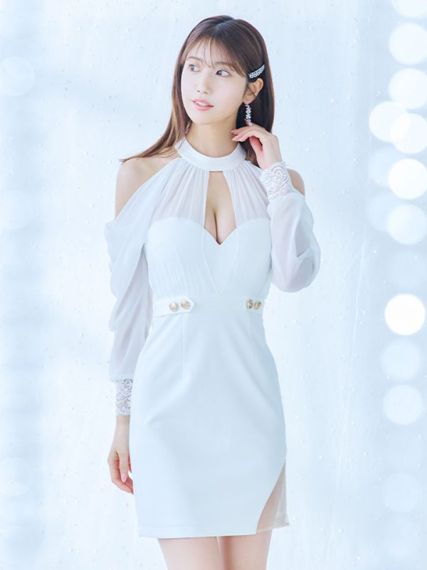 画像10: シフォン袖タイトミニドレス/谷間見せ/背中見せ/長袖/ボタン/スリット/アメスリ/オフショルダー/タイト/ミニドレス/キャバドレス【S-Mサイズ/2カラー】[OF03-U] 【YN】dzw (10)