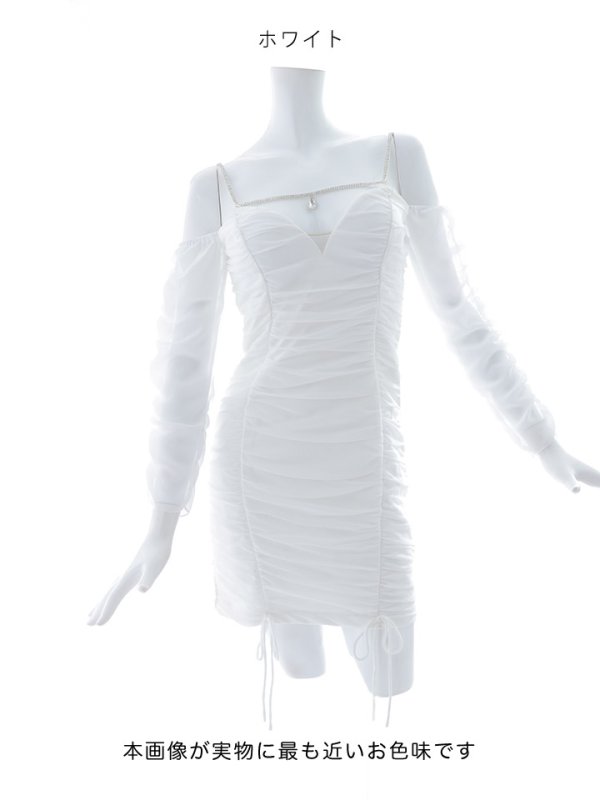 画像15: シフォンギャザードレス/谷間見せ/背中見せ/オフショル/シャーリング/タイト/キャバドレス/ミニドレス【S-Mサイズ/2カラー】[OF03] 【YN】dzy (15)