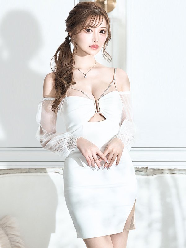 画像7: 新色登場!ワンカラービジュードレス/チュール袖/シアー/スリット/透け/谷間見せ/背中隠し/ミニドレス/キャバドレス【XS-XLサイズ/5カラー】[OF03] 【YN】dzw (7)