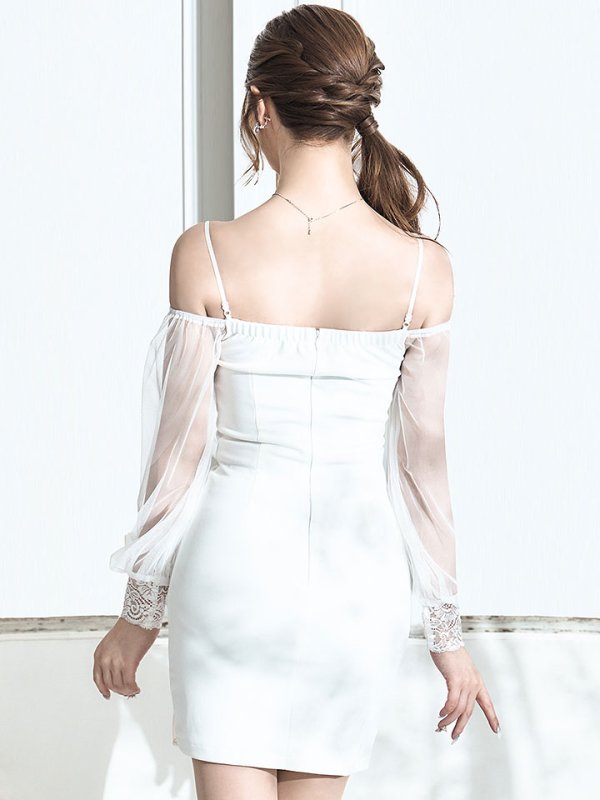 画像10: 新色登場!ワンカラービジュードレス/チュール袖/シアー/スリット/透け/谷間見せ/背中隠し/ミニドレス/キャバドレス【XS-XLサイズ/5カラー】[OF03] 【YN】dzw (10)