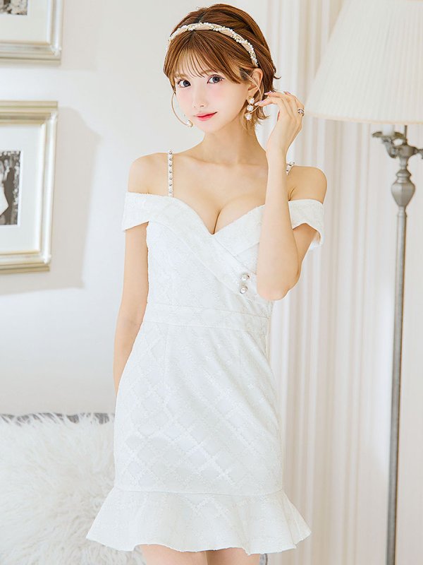 画像3: ベアトップマーメイドドレス/チェック柄/パール/ボタン/肩出し/谷間見せ/背中隠し/ミニドレス/キャバドレス【S-Mサイズ/1カラー】[OF03-U] 【YN】dzw (3)