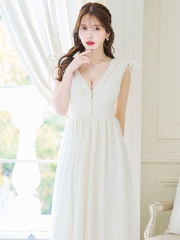 画像4: 【送料無料！】【sifeel/シフィール】レースレイヤードワンピース/ノースリーブ/ジップアップ/スパンコール/Vネック/透け感/谷間見せ/背中見せ/ミディアムドレス/キャバドレス【XS-Lサイズ/2カラー】[OF03-X] 【YN】dzw (4)