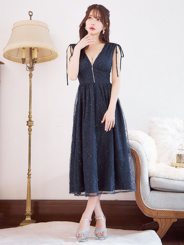 画像3: 【送料無料！】【sifeel/シフィール】レースレイヤードワンピース/ノースリーブ/ジップアップ/スパンコール/Vネック/透け感/谷間見せ/背中見せ/ミディアムドレス/キャバドレス【XS-Lサイズ/2カラー】[OF03-X] 【YN】dzw (3)