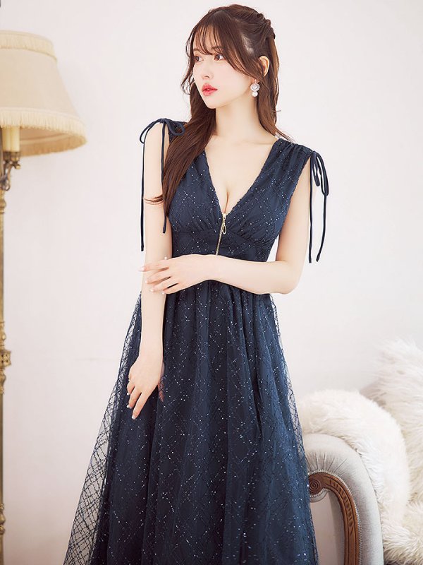 画像4: 【送料無料！】【sifeel/シフィール】レースレイヤードワンピース/ノースリーブ/ジップアップ/スパンコール/Vネック/透け感/谷間見せ/背中見せ/ミディアムドレス/キャバドレス【XS-Lサイズ/2カラー】[OF03-X] 【YN】dzw (4)