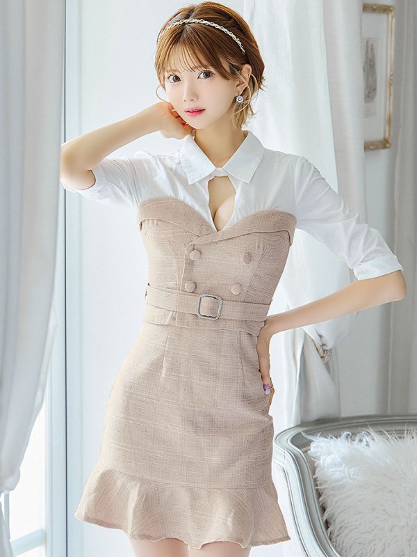 画像3: SALE!韓国っぽ切り替えシャツドレス/ツイード/ウエストマークベルト/ボタン/谷間見せ/背中隠し/ミニドレス/キャバドレス【S-Lサイズ/1カラー】[OF03-U] 【YN】dzw (3)