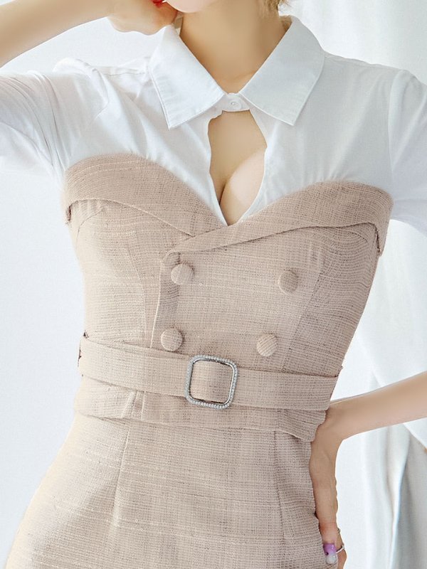 画像4: SALE!韓国っぽ切り替えシャツドレス/ツイード/ウエストマークベルト/ボタン/谷間見せ/背中隠し/ミニドレス/キャバドレス【S-Lサイズ/1カラー】[OF03-U] 【YN】dzw (4)