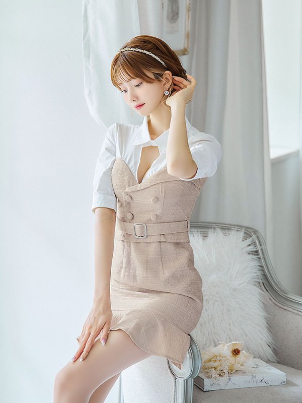画像9: SALE!韓国っぽ切り替えシャツドレス/ツイード/ウエストマークベルト/ボタン/谷間見せ/背中隠し/ミニドレス/キャバドレス【S-Lサイズ/1カラー】[OF03-U] 【YN】dzw (9)