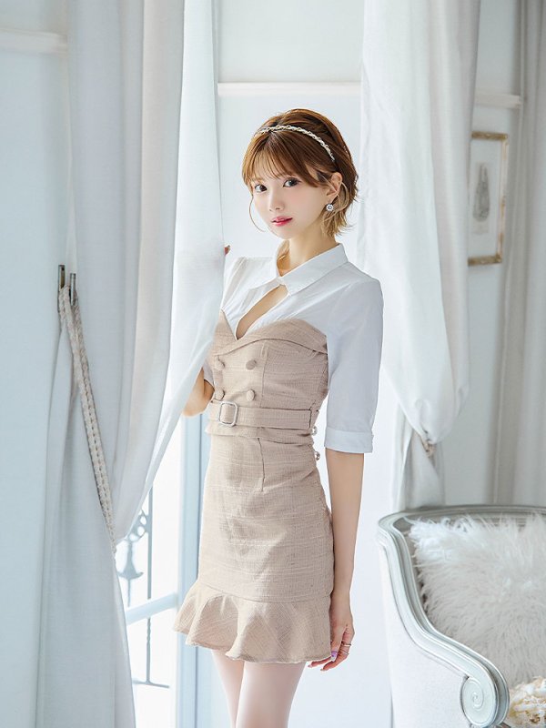 画像10: SALE!韓国っぽ切り替えシャツドレス/ツイード/ウエストマークベルト/ボタン/谷間見せ/背中隠し/ミニドレス/キャバドレス【S-Lサイズ/1カラー】[OF03-U] 【YN】dzw (10)