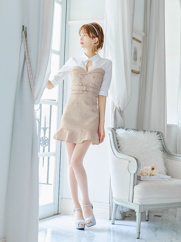 画像11: SALE!韓国っぽ切り替えシャツドレス/ツイード/ウエストマークベルト/ボタン/谷間見せ/背中隠し/ミニドレス/キャバドレス【S-Lサイズ/1カラー】[OF03-U] 【YN】dzw (11)