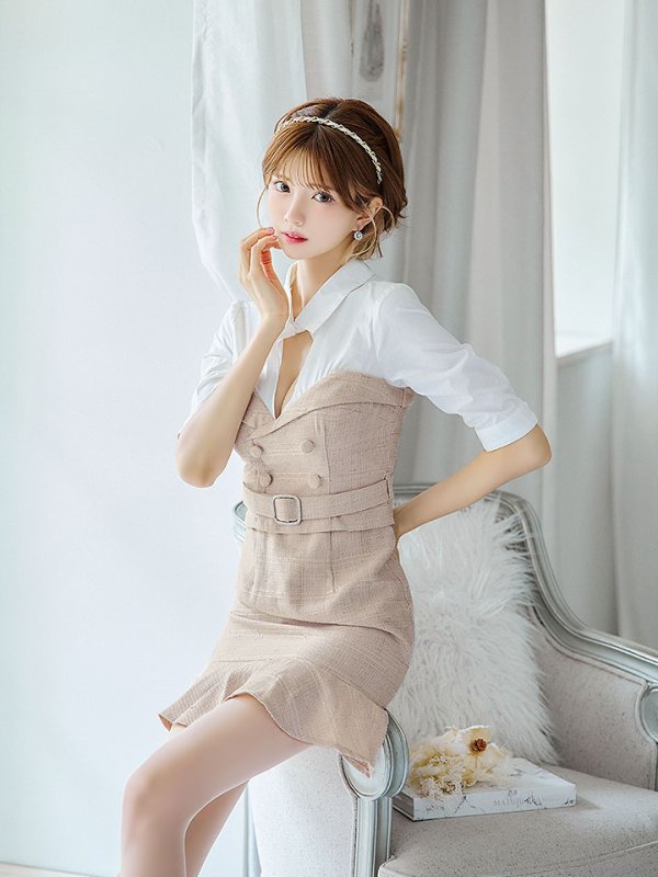 画像12: SALE!韓国っぽ切り替えシャツドレス/ツイード/ウエストマークベルト/ボタン/谷間見せ/背中隠し/ミニドレス/キャバドレス【S-Lサイズ/1カラー】[OF03-U] 【YN】dzw (12)