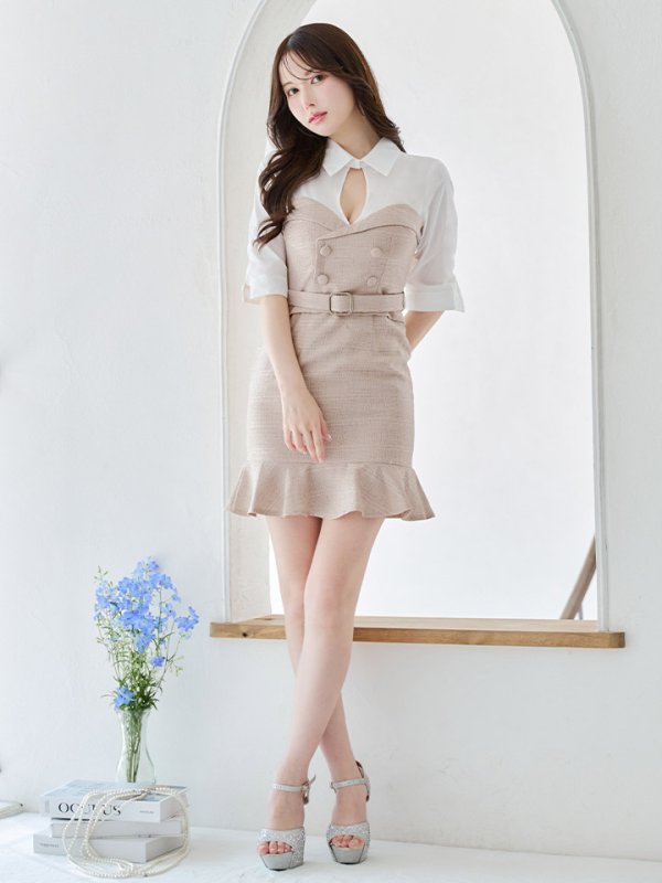 画像3: 【ウィンターセール！】SALE!韓国っぽ切り替えシャツドレス/ツイード/ウエストマークベルト/ボタン/谷間見せ/背中隠し/ミニドレス/キャバドレス【S-Lサイズ/1カラー】[OF03-U] 【YN】dzw (3)
