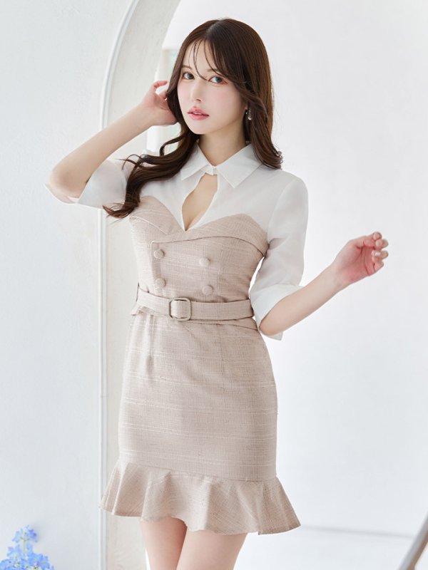 画像4: 【ウィンターセール！】SALE!韓国っぽ切り替えシャツドレス/ツイード/ウエストマークベルト/ボタン/谷間見せ/背中隠し/ミニドレス/キャバドレス【S-Lサイズ/1カラー】[OF03-U] 【YN】dzw (4)