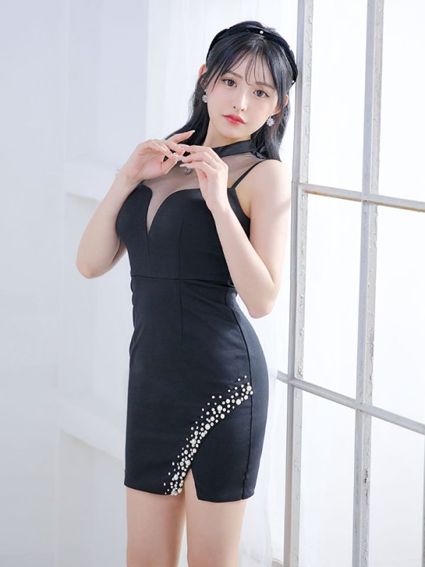 画像10: デコルテシアードレス/ノースリーブ/パール/ビジュー/タイト/スリット/透け/ミニドレス/キャバドレス【XS-Mサイズ/1カラー】[OF03-X] 【YN】dzy (10)