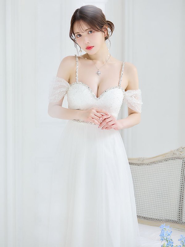 画像10: 【送料無料！】オープンショルダードレス/スパンコール/ビジュー/チュール/切り替え/キャミソール/フレアー/ロングドレス/キャバドレス【XS-Lサイズ/2カラー】[OF03] 【YN】dzc (10)