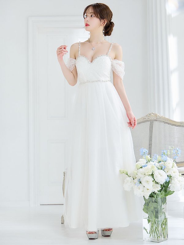 画像11: 【送料無料！】オープンショルダードレス/スパンコール/ビジュー/チュール/切り替え/キャミソール/フレアー/ロングドレス/キャバドレス【XS-Lサイズ/2カラー】[OF03] 【YN】dzc (11)