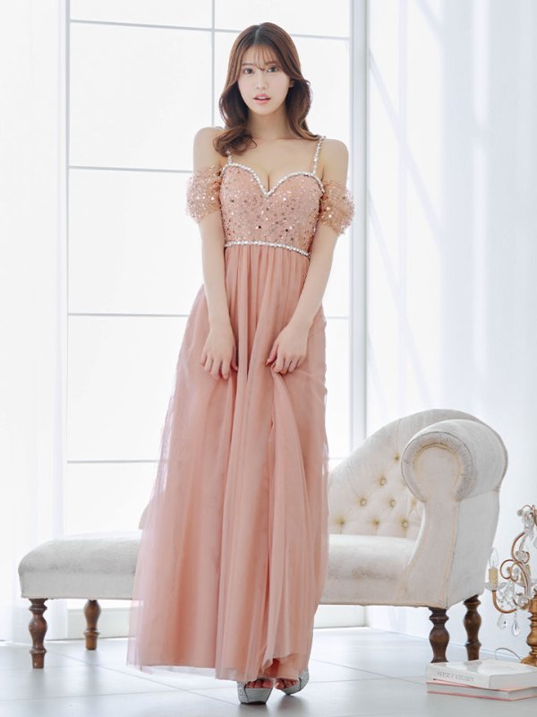 画像15: 【送料無料！】オープンショルダードレス/スパンコール/ビジュー/チュール/切り替え/キャミソール/フレアー/ロングドレス/キャバドレス【XS-Lサイズ/2カラー】[OF03] 【YN】dzc (15)