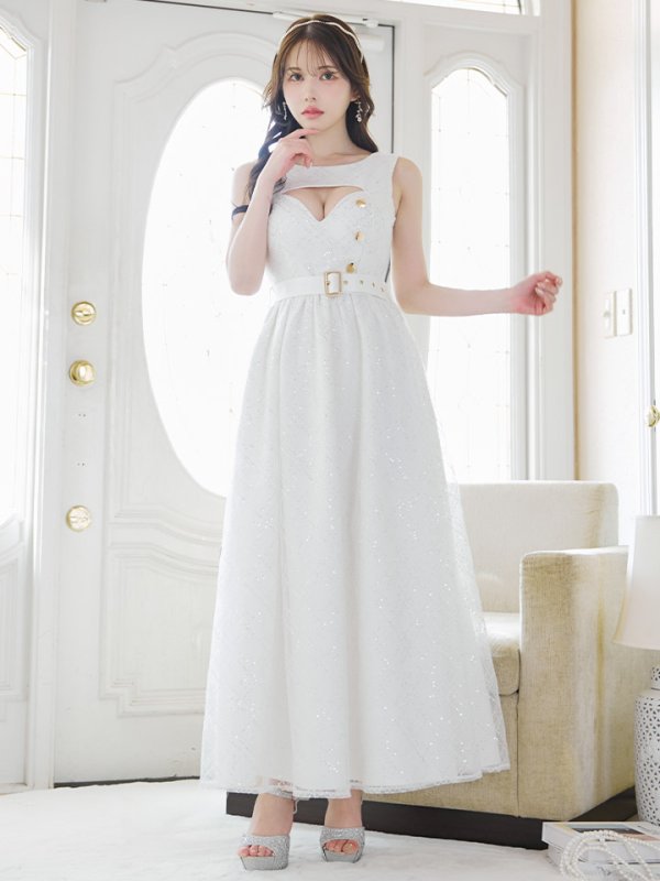 画像4: スパンコールレースワンピース/ノースリーブ/ボタン/布ベルト/ビジュー/バックル/谷間見せ/背中隠し/ロングドレス/キャバドレス【S-XLサイズ/2カラー】[OF03] 【YN】dzw (4)