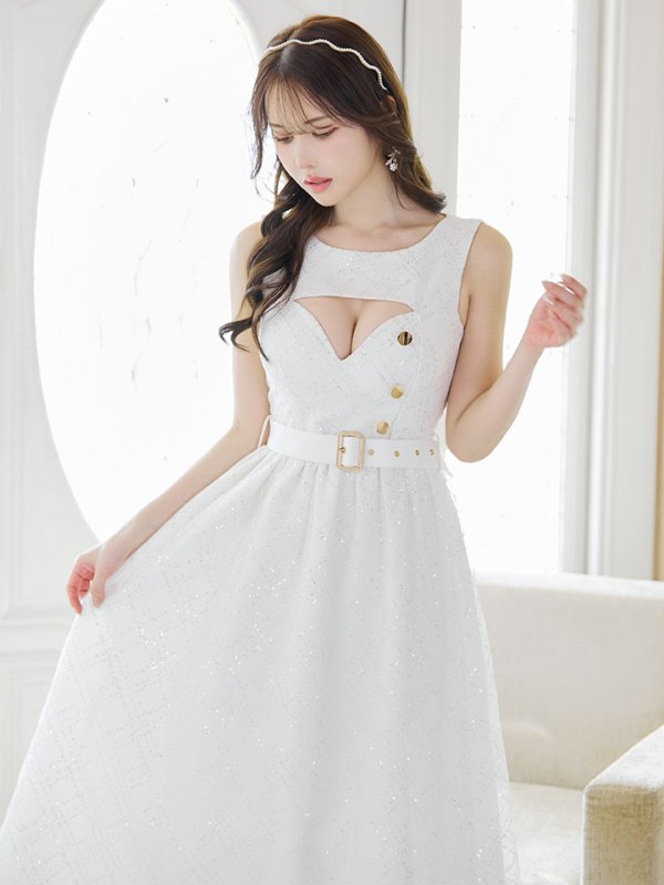 画像5: スパンコールレースワンピース/ノースリーブ/ボタン/布ベルト/ビジュー/バックル/谷間見せ/背中隠し/ロングドレス/キャバドレス【S-XLサイズ/2カラー】[OF03] 【YN】dzw (5)