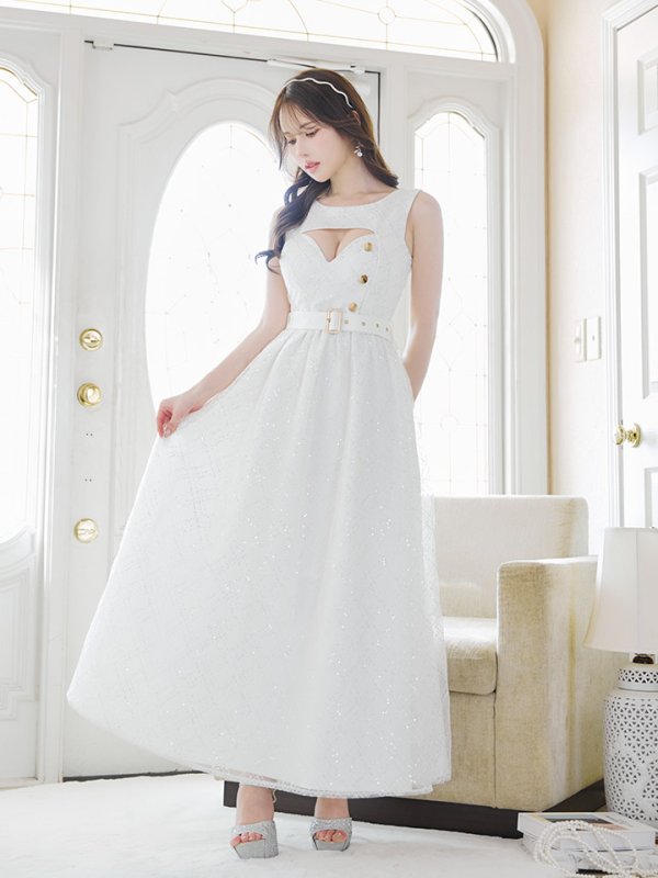 画像10: スパンコールレースワンピース/ノースリーブ/ボタン/布ベルト/ビジュー/バックル/谷間見せ/背中隠し/ロングドレス/キャバドレス【S-XLサイズ/2カラー】[OF03] 【YN】dzw (10)