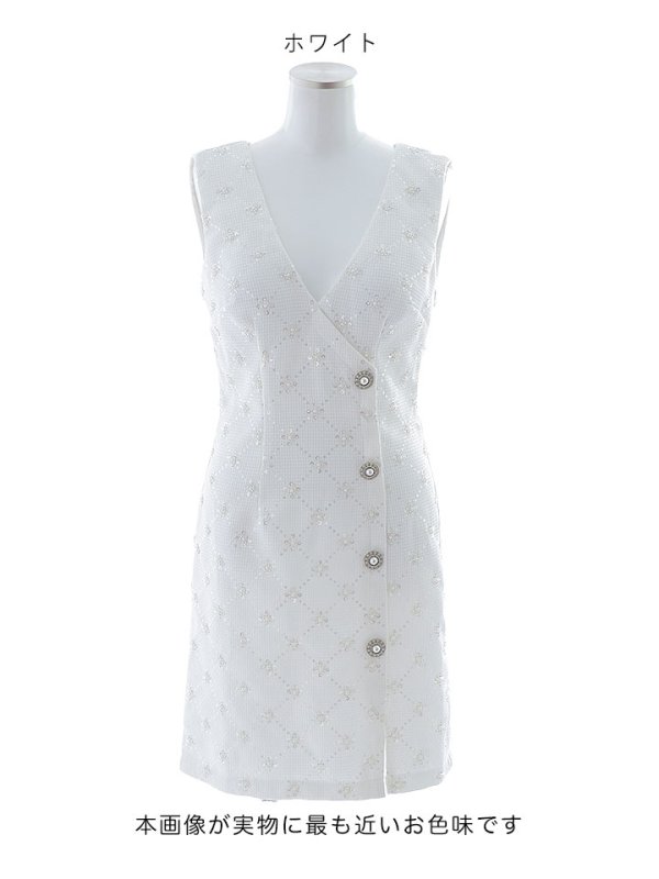 画像24: ノースリーブドレス/パール/ビジュー/ボタン/谷間見せ/背中隠し/ミニドレス/キャバドレス【XS-Lサイズ/2カラー】[OF03-X] (24)