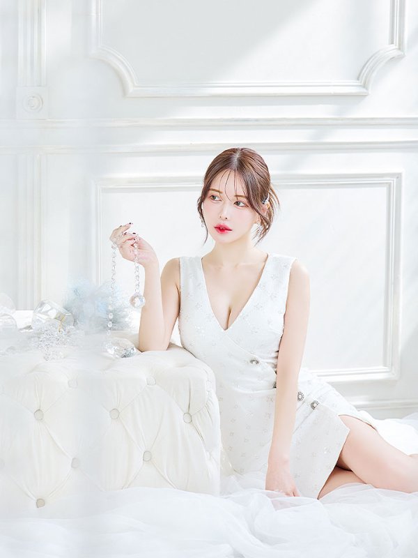 画像9: ノースリーブドレス/パール/ビジュー/ボタン/谷間見せ/背中隠し/ミニドレス/キャバドレス【XS-Lサイズ/2カラー】[OF03-X] (9)