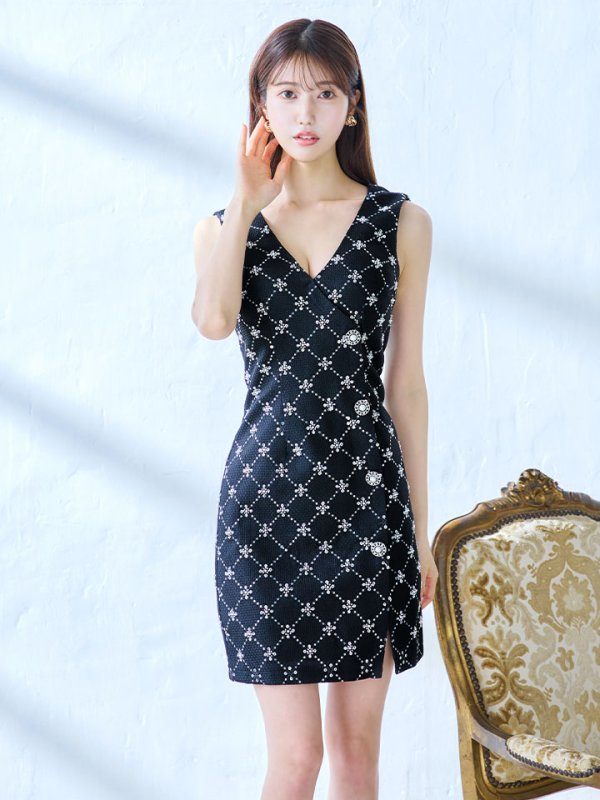 画像15: ノースリーブドレス/パール/ビジュー/ボタン/谷間見せ/背中隠し/ミニドレス/キャバドレス【XS-Lサイズ/2カラー】[OF03-X] (15)