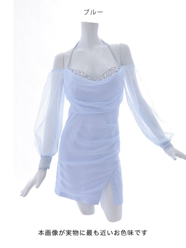 画像18: シフォンビジューオフショルドレス/ドレープ/チュール/谷間見せ/背中見せ/タイト/キャバドレス/ミニドレス【XS-Lサイズ/2カラー】[OF03] 【YN】dzy (18)