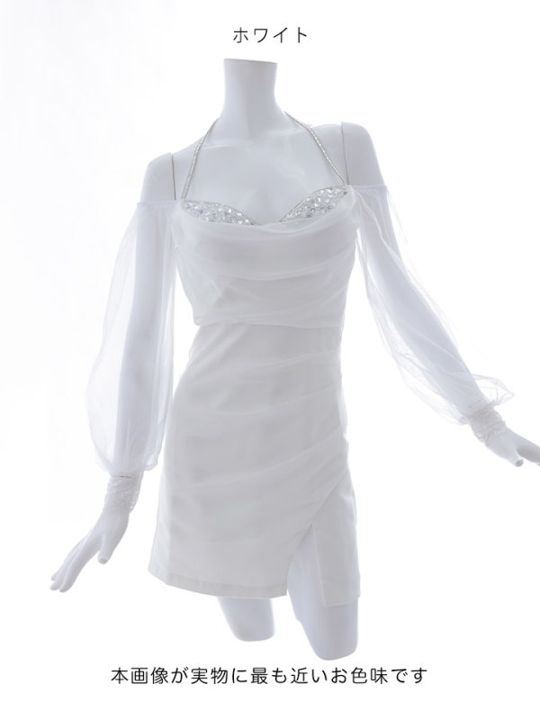 画像19: シフォンビジューオフショルドレス/ドレープ/チュール/谷間見せ/背中見せ/タイト/キャバドレス/ミニドレス【XS-Lサイズ/2カラー】[OF03] 【YN】dzy (19)