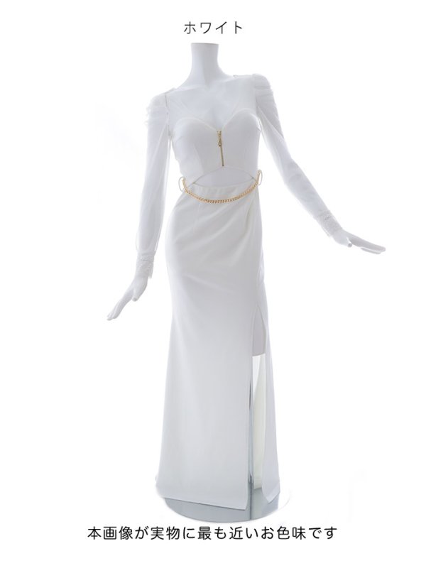 画像16: カットアウトロングドレス/シアー/長袖/谷間見せ/背中隠し/ワンカラー/フロントジップ/ロングドレス/キャバドレス 【S-XLサイズ/2カラー】[OF03] 【YN】dzw (16)