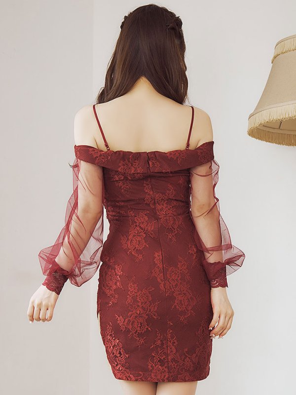 画像7: 【送料無料!】花柄刺繍レースドレス/キャミソール/パール/チュール袖/谷間見せ/背中隠し/シアースリット/透け感/ミニドレス/キャバドレス【XS-XLサイズ/2カラー】[OF03] 【YN】 (7)