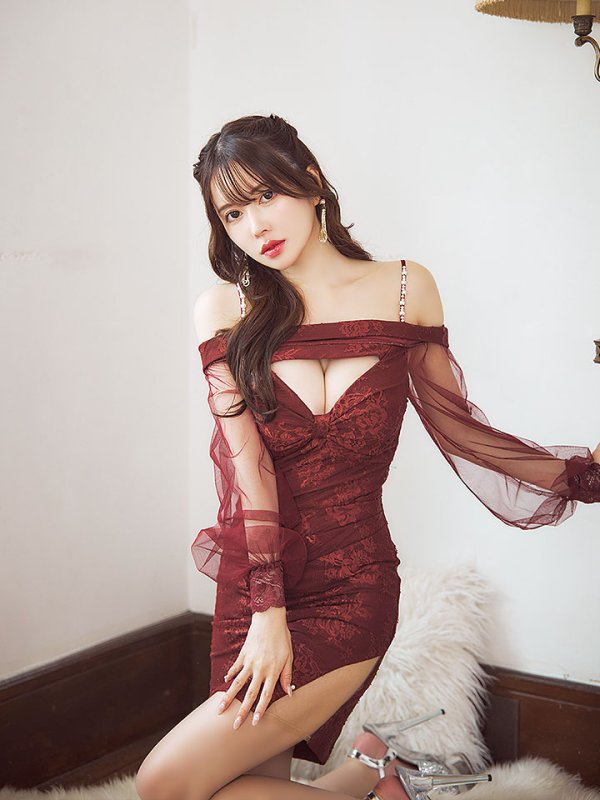 画像10: 【送料無料!】花柄刺繍レースドレス/キャミソール/パール/チュール袖/谷間見せ/背中隠し/シアースリット/透け感/ミニドレス/キャバドレス【XS-XLサイズ/2カラー】[OF03] 【YN】 (10)