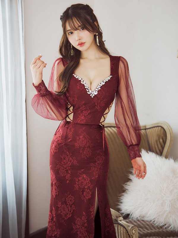 画像6: 【送料無料!】刺繍チュールスリーブロングドレス/チュール袖/刺繍/レースアップ/シアー/スリット/透け/谷間見せ/背中隠し/ロングドレス/キャバドレス【S-Lサイズ/4カラー】[OF03] 【YN】dzj (6)