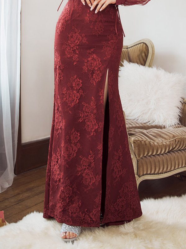 画像8: 【送料無料!】刺繍チュールスリーブロングドレス/チュール袖/刺繍/レースアップ/シアー/スリット/透け/谷間見せ/背中隠し/ロングドレス/キャバドレス【S-Lサイズ/4カラー】[OF03] 【YN】dzj (8)