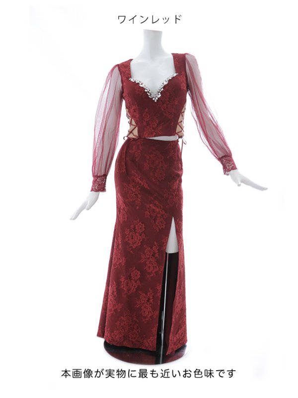 画像33: 【送料無料!】刺繍チュールスリーブセットアップロングドレス/チュール袖/刺繍/レースアップ/シアー/スリット/透け/谷間見せ/背中隠し/ロングドレス/キャバドレス【S-Lサイズ/4カラー】[OF03] 【YN】dzj (33)