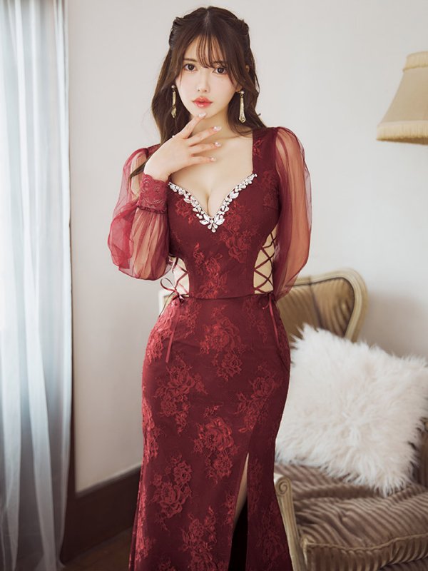 画像17: 【送料無料!】刺繍チュールスリーブセットアップロングドレス/チュール袖/刺繍/レースアップ/シアー/スリット/透け/谷間見せ/背中隠し/ロングドレス/キャバドレス【S-Lサイズ/4カラー】[OF03] 【YN】dzj (17)