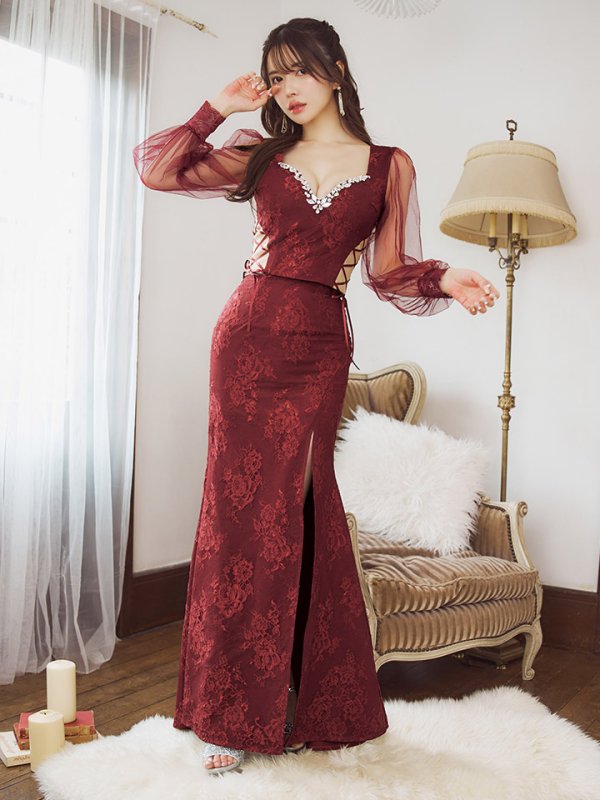 画像18: 【送料無料!】刺繍チュールスリーブセットアップロングドレス/チュール袖/刺繍/レースアップ/シアー/スリット/透け/谷間見せ/背中隠し/ロングドレス/キャバドレス【S-Lサイズ/4カラー】[OF03] 【YN】dzj (18)