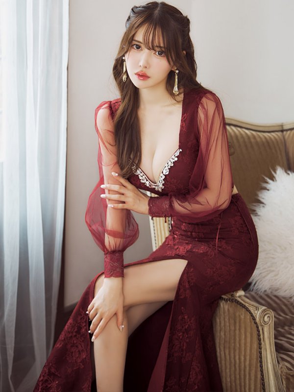 画像20: 【送料無料!】刺繍チュールスリーブセットアップロングドレス/チュール袖/刺繍/レースアップ/シアー/スリット/透け/谷間見せ/背中隠し/ロングドレス/キャバドレス【S-Lサイズ/4カラー】[OF03] 【YN】dzj (20)