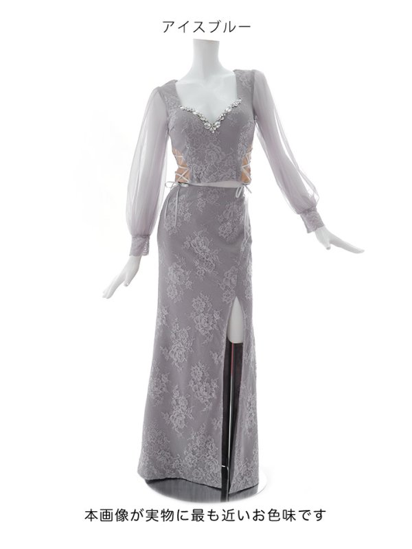 画像32: 【送料無料!】刺繍チュールスリーブセットアップロングドレス/チュール袖/刺繍/レースアップ/シアー/スリット/透け/谷間見せ/背中隠し/ロングドレス/キャバドレス【S-Lサイズ/4カラー】[OF03] 【YN】dzj (32)