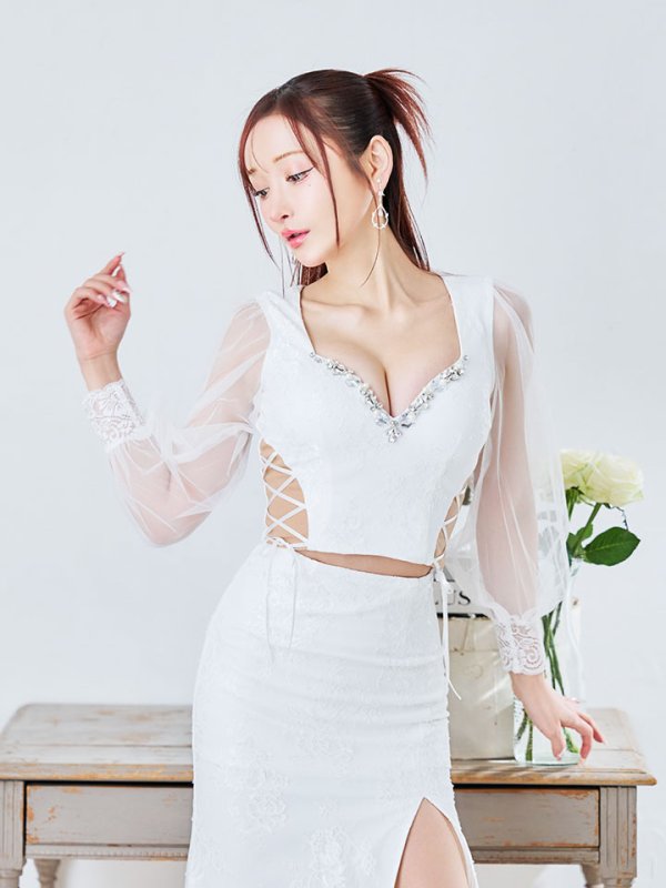 画像24: 【送料無料!】刺繍チュールスリーブセットアップロングドレス/チュール袖/刺繍/レースアップ/シアー/スリット/透け/谷間見せ/背中隠し/ロングドレス/キャバドレス【S-Lサイズ/4カラー】[OF03] 【YN】dzj (24)