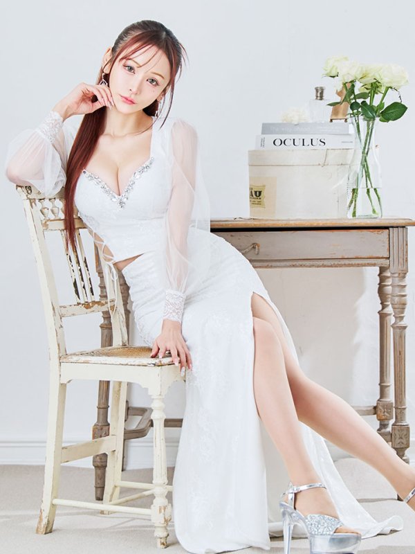 画像27: 【送料無料!】刺繍チュールスリーブセットアップロングドレス/チュール袖/刺繍/レースアップ/シアー/スリット/透け/谷間見せ/背中隠し/ロングドレス/キャバドレス【S-Lサイズ/4カラー】[OF03] 【YN】dzj (27)